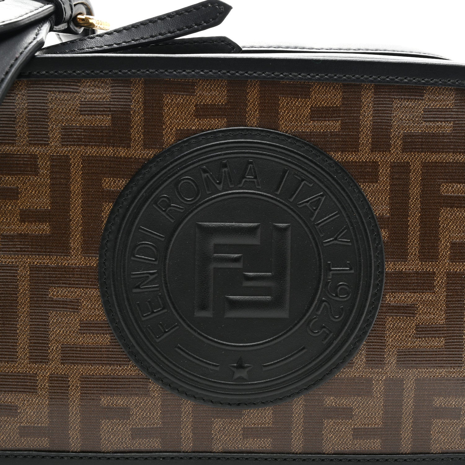 Fendi Glazed Fabric Vitello Century F is Fendi FF 1974 Stamp Patch Camera Case Mogano Panna Black 7 of 9