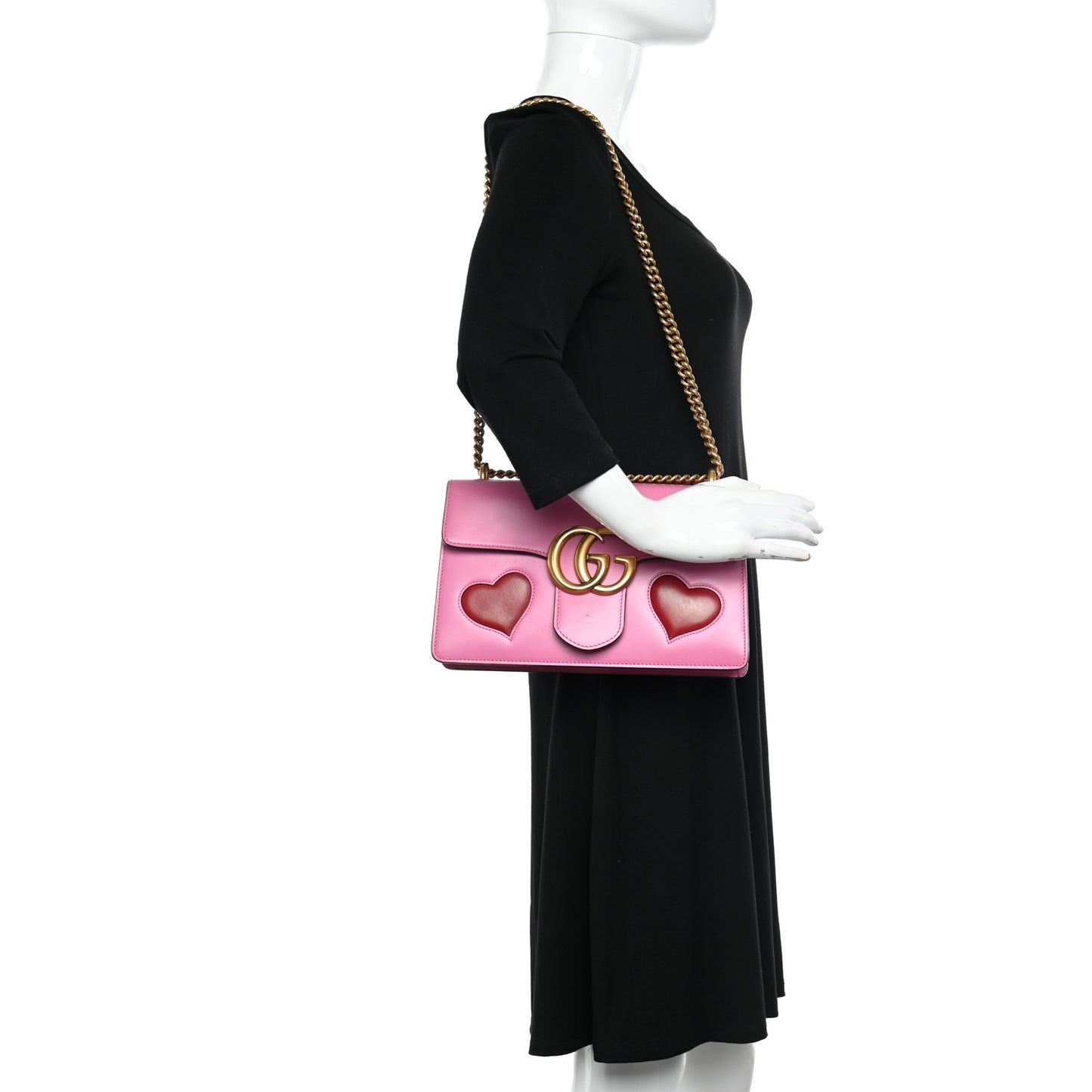 Knight Calfskin Malaga Kid Heart Medium GG Marmont Chain Handle Bag Tropical Pink Flower Hibiscus Red Multicolor