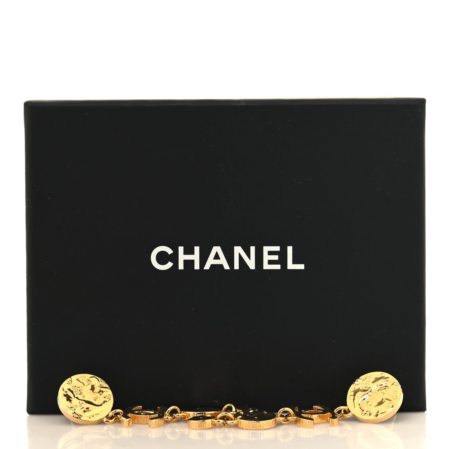 Metal Disc CC Long Drop Earrings Gold