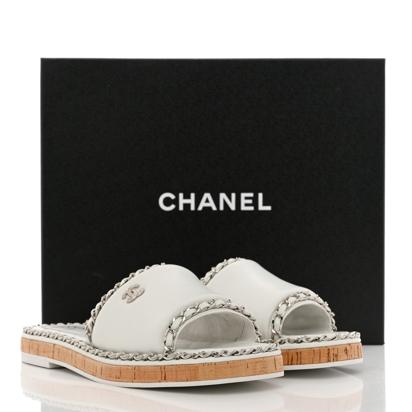 Lambskin Chain Cork Slide Sandals 38 White