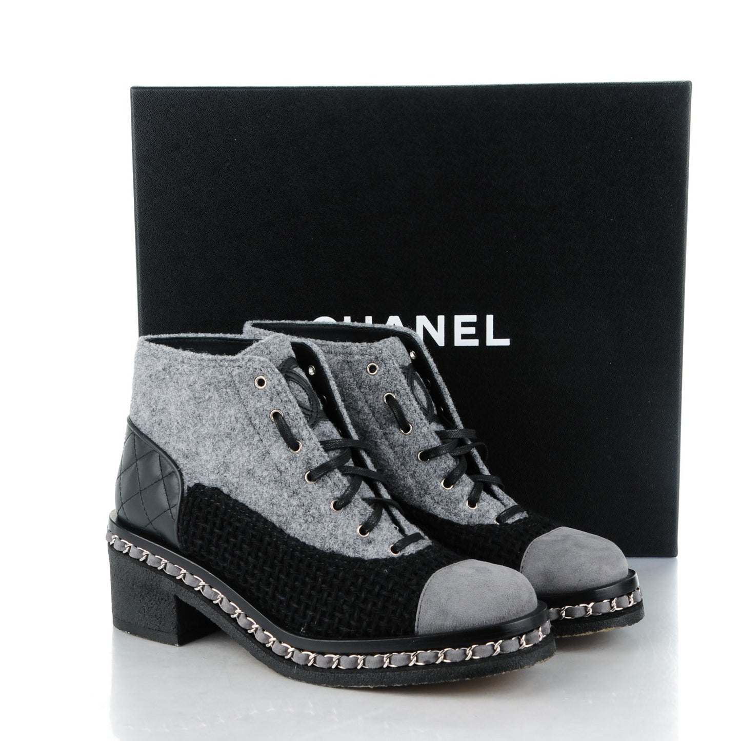 Tweed Suede Calfskin Chain Around Boots 38 Grey Black