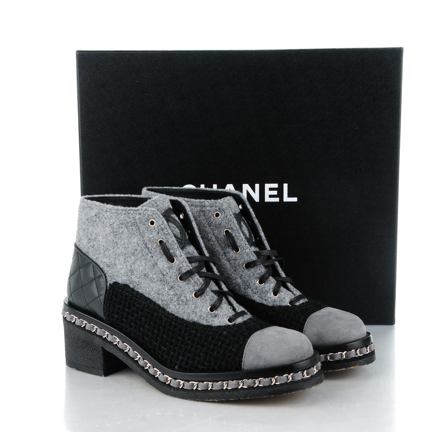 Chanel Tweed Suede Calfskin Chain Around Boots 38 Grey Black 9 of 9