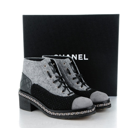 Chanel Tweed Suede Calfskin Chain Around Boots 38 Grey Black 9 of 9