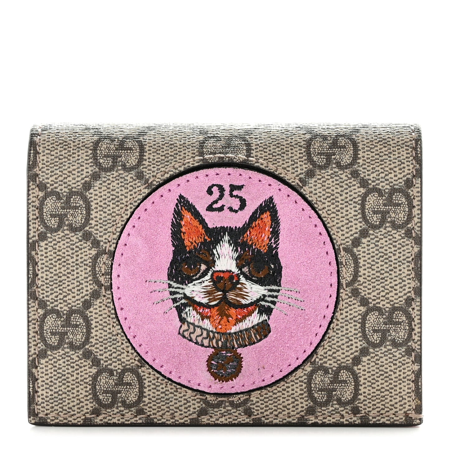 GG Supreme Monogram Bosco Patch Card Case Wallet Beige Malva Hibiscus Red