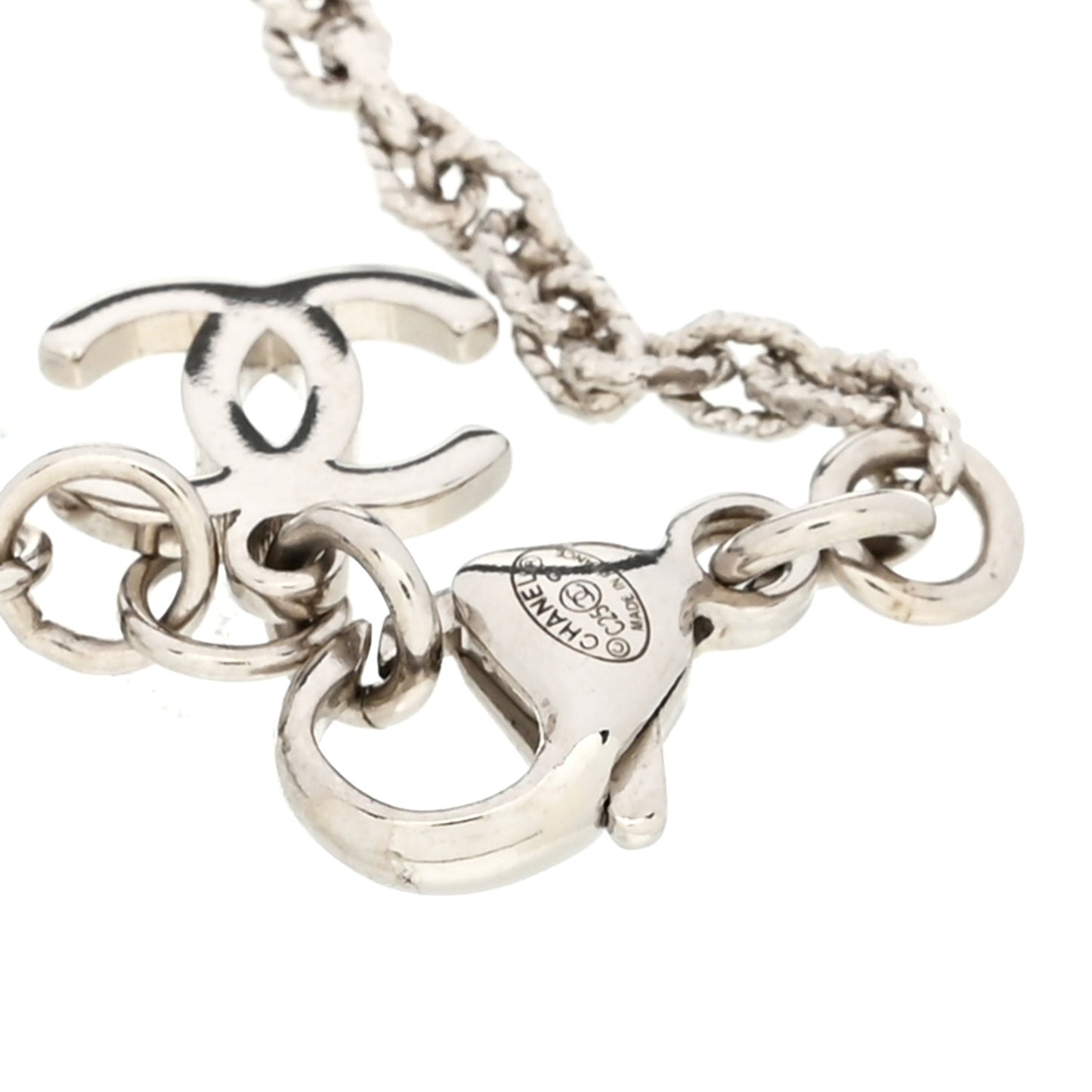 Metal Pearl Resin Crystal CC Bracelet  Silver White