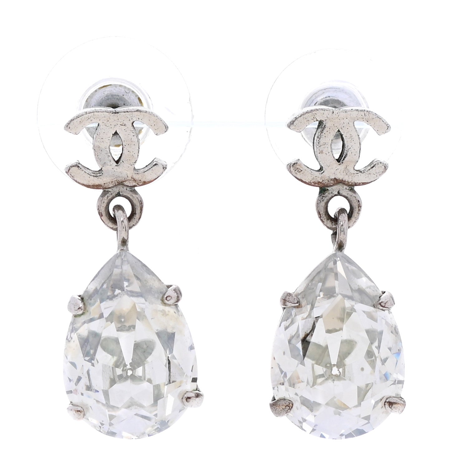 Chanel Crystal CC Tear Drop Earrings Silver 1 of 4