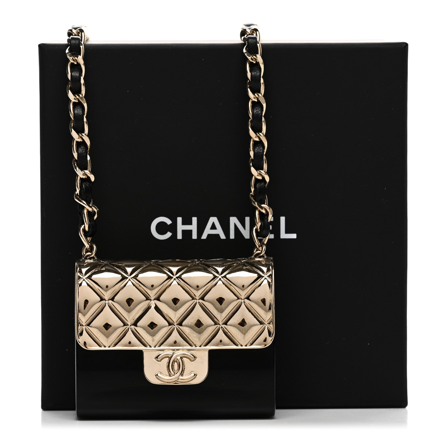 Chanel Metal Resin Lambskin Flap Bag Long Necklace Gold Black 6 of 6