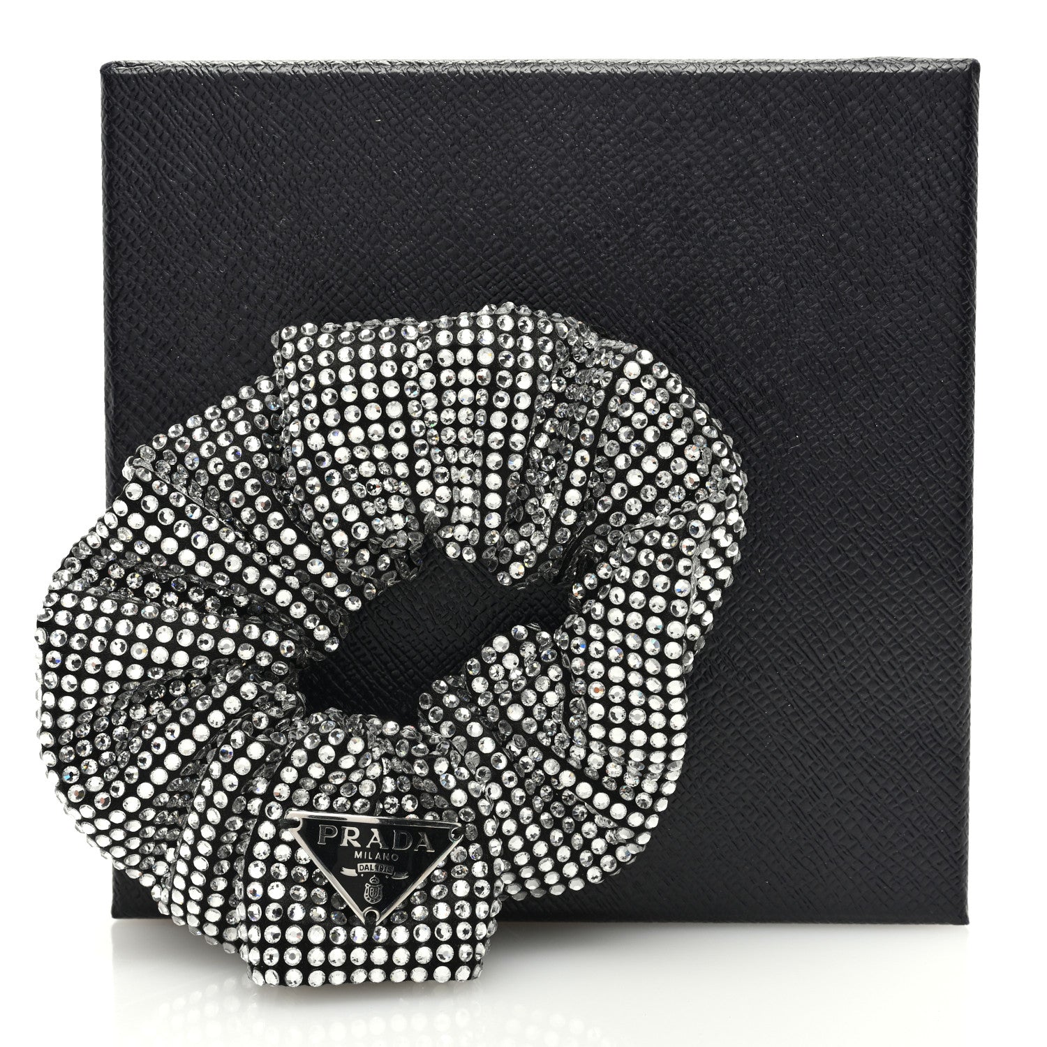 Prada Crystal Satin Metal Logo Scrunchie Black 4 of 4