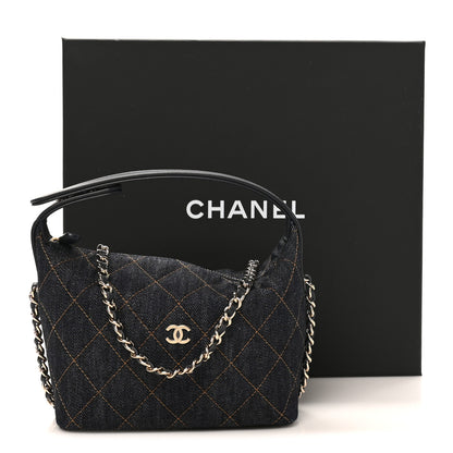 Chanel Denim Quilted Hobo Clutch With Chain Dark Blue Orange 11 of 11