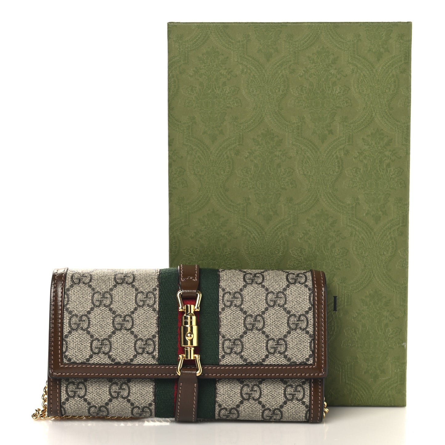 GG Supreme Monogram Azalea Calfskin Web Jackie 1961 Chain Wallet Beige Ebony Brown Sugar