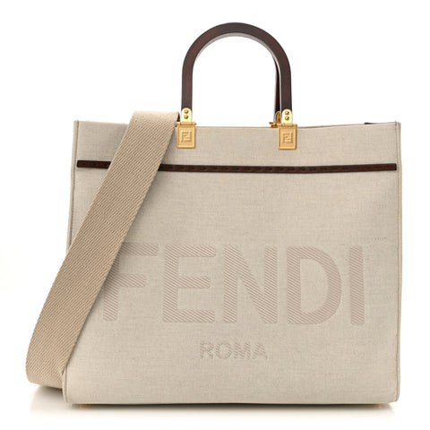 Canvas Vitello King Logo Embroidered Medium Fendi Sunshine Shopper Tote Grezzo Ghianda