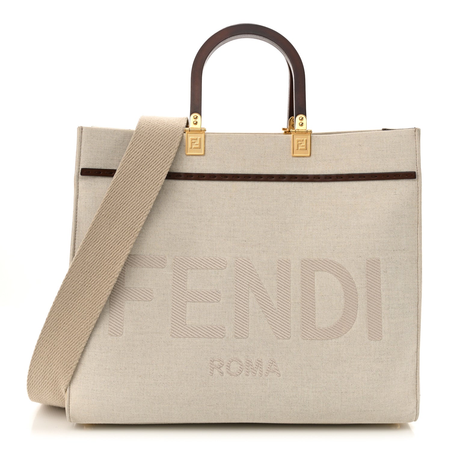 Fendi Canvas Vitello King Logo Embroidered Medium Fendi Sunshine Shopper Tote Grezzo Ghianda 1 of 18