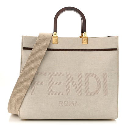 Fendi Canvas Vitello King Logo Embroidered Medium Fendi Sunshine Shopper Tote Grezzo Ghianda 1 of 18