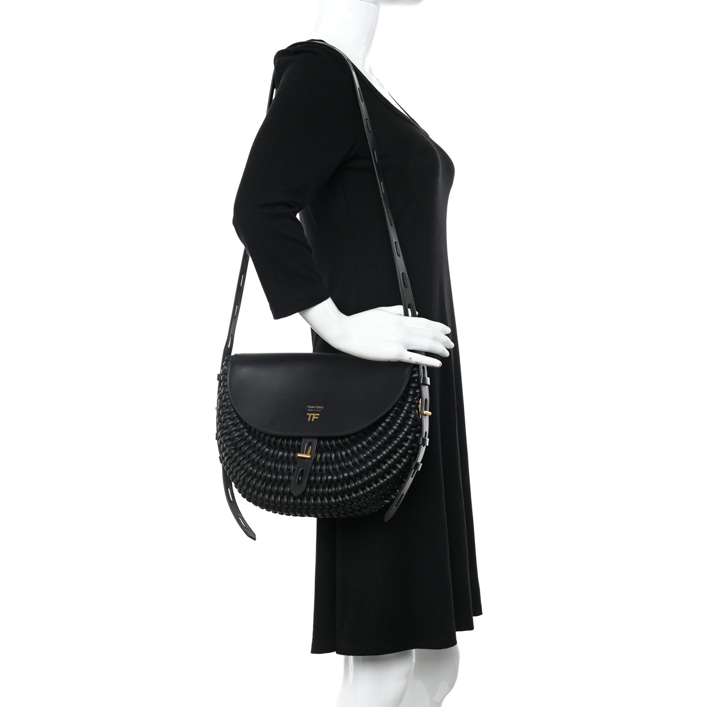 Calfskin Woven T-Twist Crossbody Black