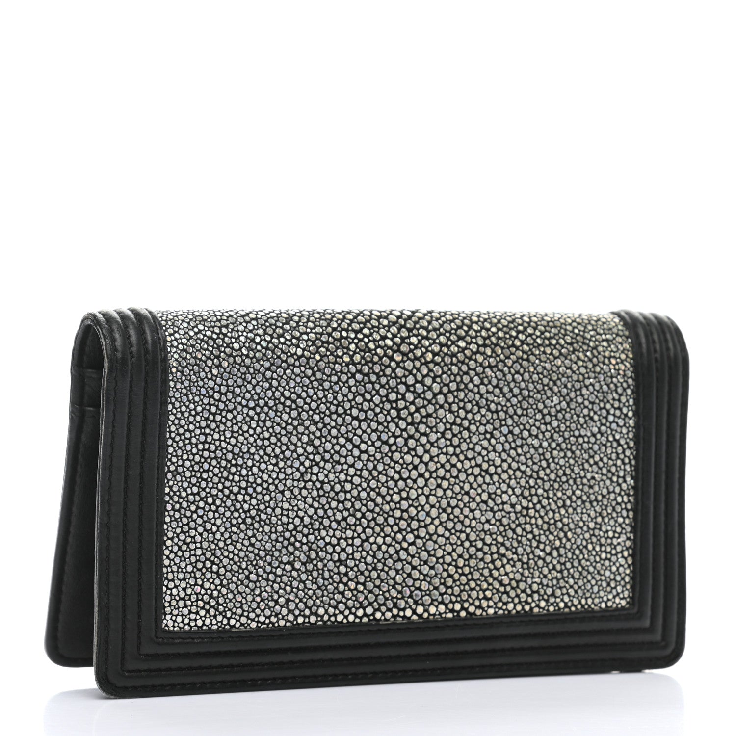 Chanel Metallic Galuchat Stingray Lambskin Yen Wallet Silver Black 3 of 9