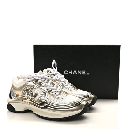 Chanel Fabric Laminated Calfskin Stretch CC Womens Sneakers 38.5 White Gold Silver 10 of 10