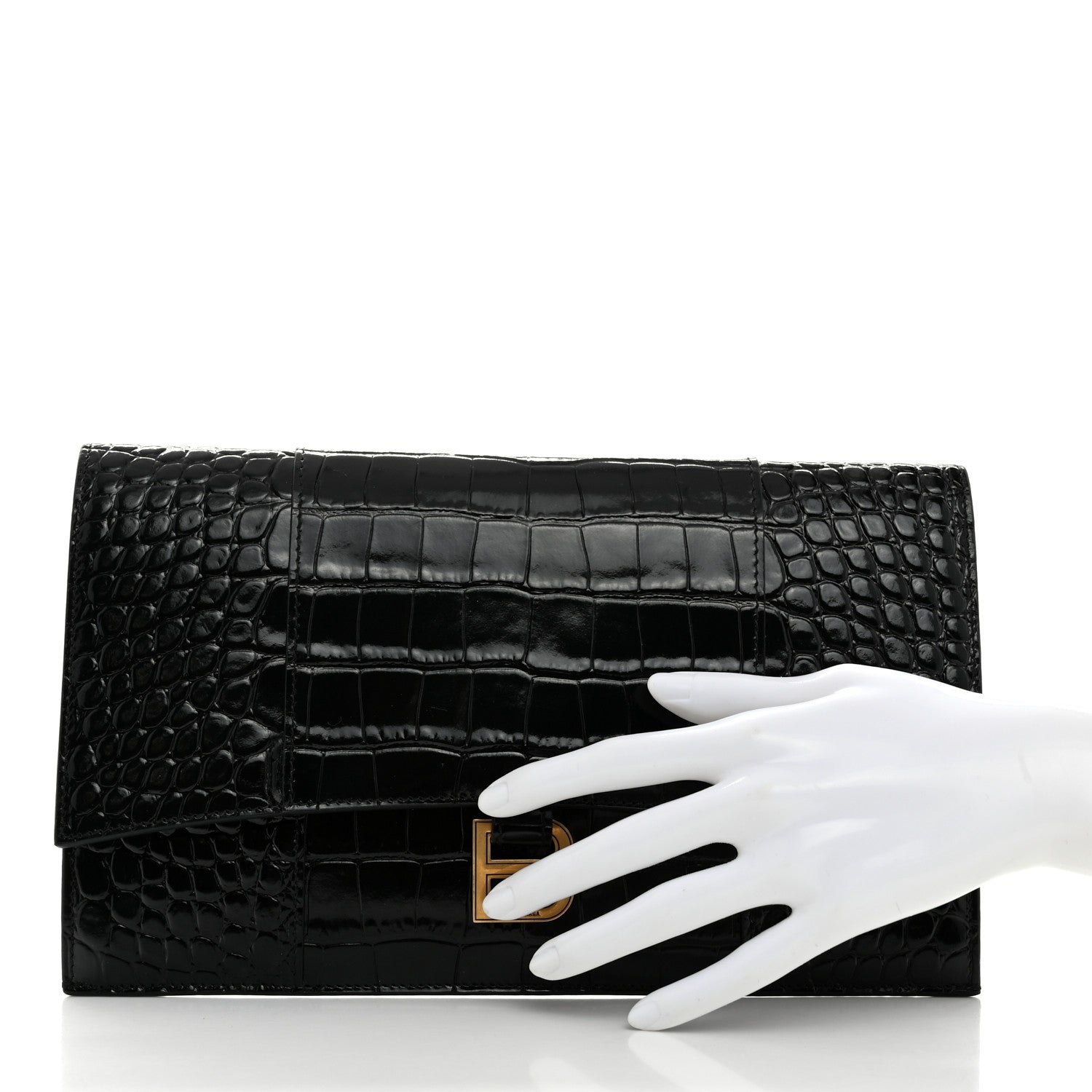 Balenciaga Shiny Calfskin Crocodile Embossed Hourglass Flap Flat Pouch Black 2 of 6