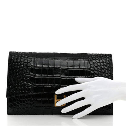 Balenciaga Shiny Calfskin Crocodile Embossed Hourglass Flap Flat Pouch Black 2 of 6