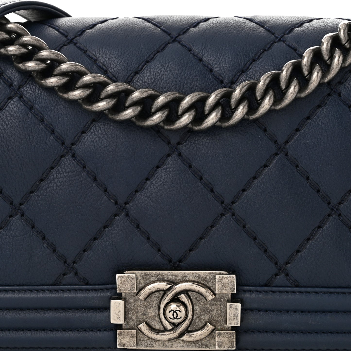 Calfskin Double Stitch Medium Boy Flap Navy Blue