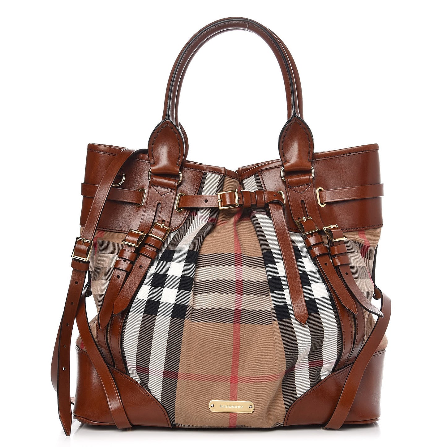 House Check Bridle Calfskin Medium Whipstitch Tote Dark Tan