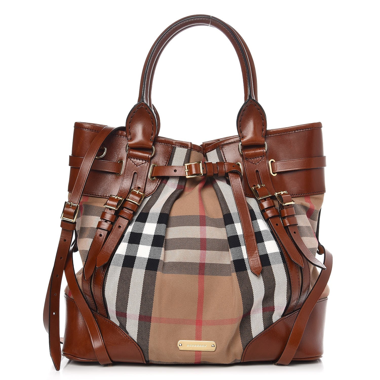 Burberry House Check Bridle Calfskin Medium Whipstitch Tote Dark Tan 1 of 10