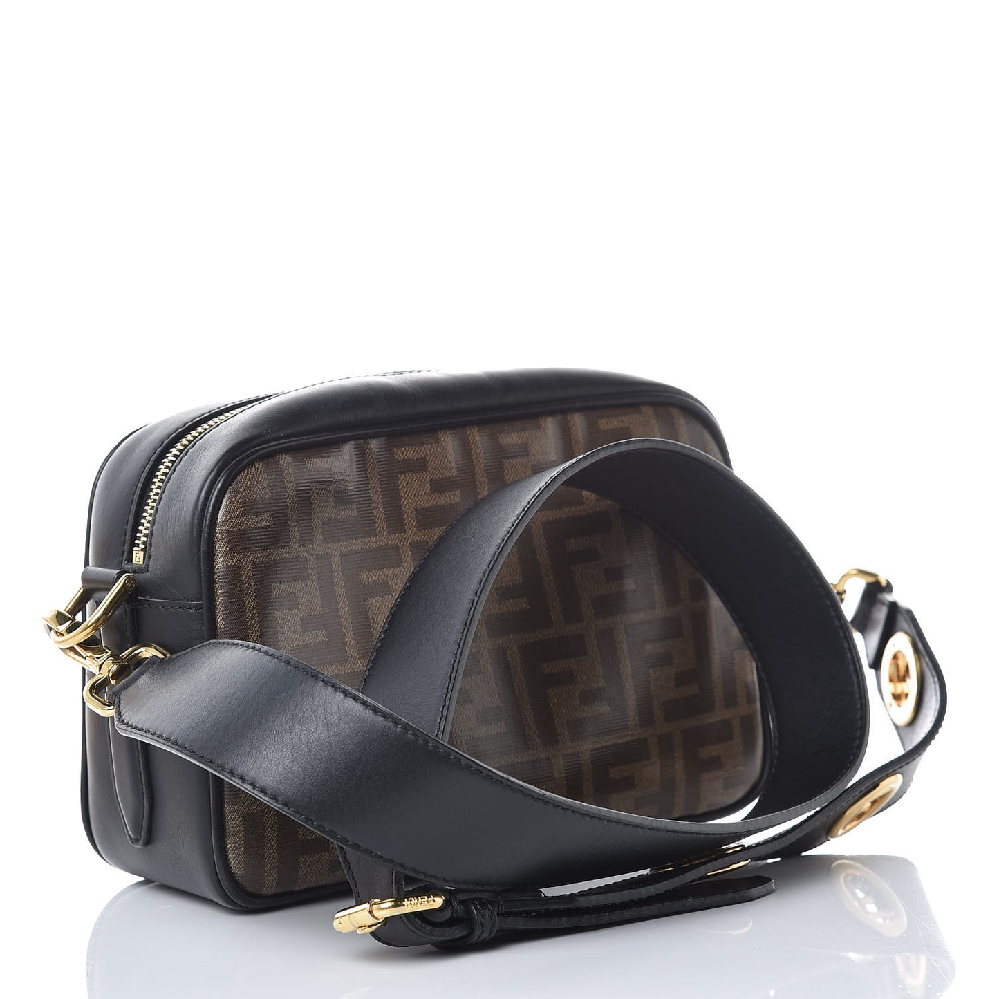 Glazed Fabric Vitello Century F is Fendi FF 1974 Stamp Patch Camera Case Mogano Panna Black