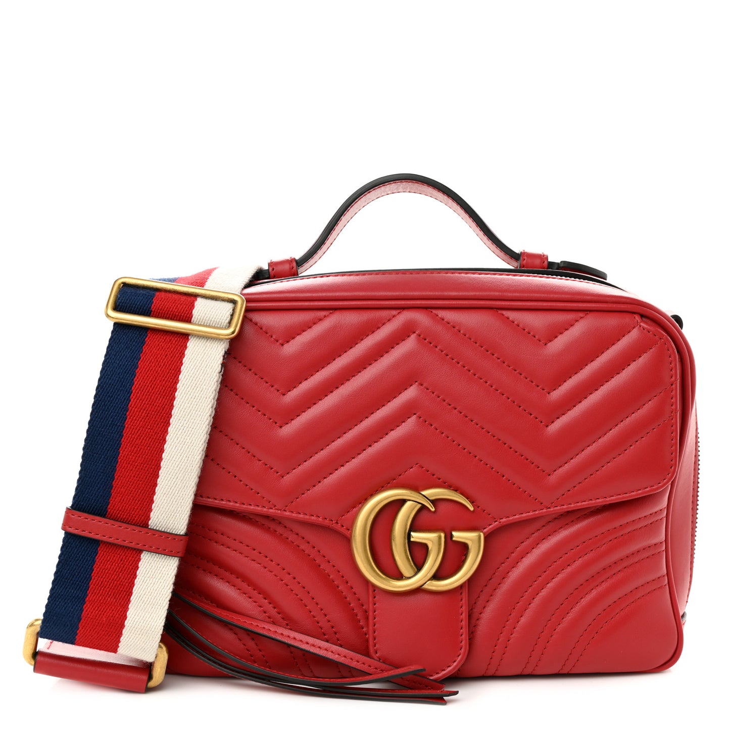 Calfskin Matelasse Sylvie Web Small GG Marmont Top Handle Shoulder Bag Hibiscus Red