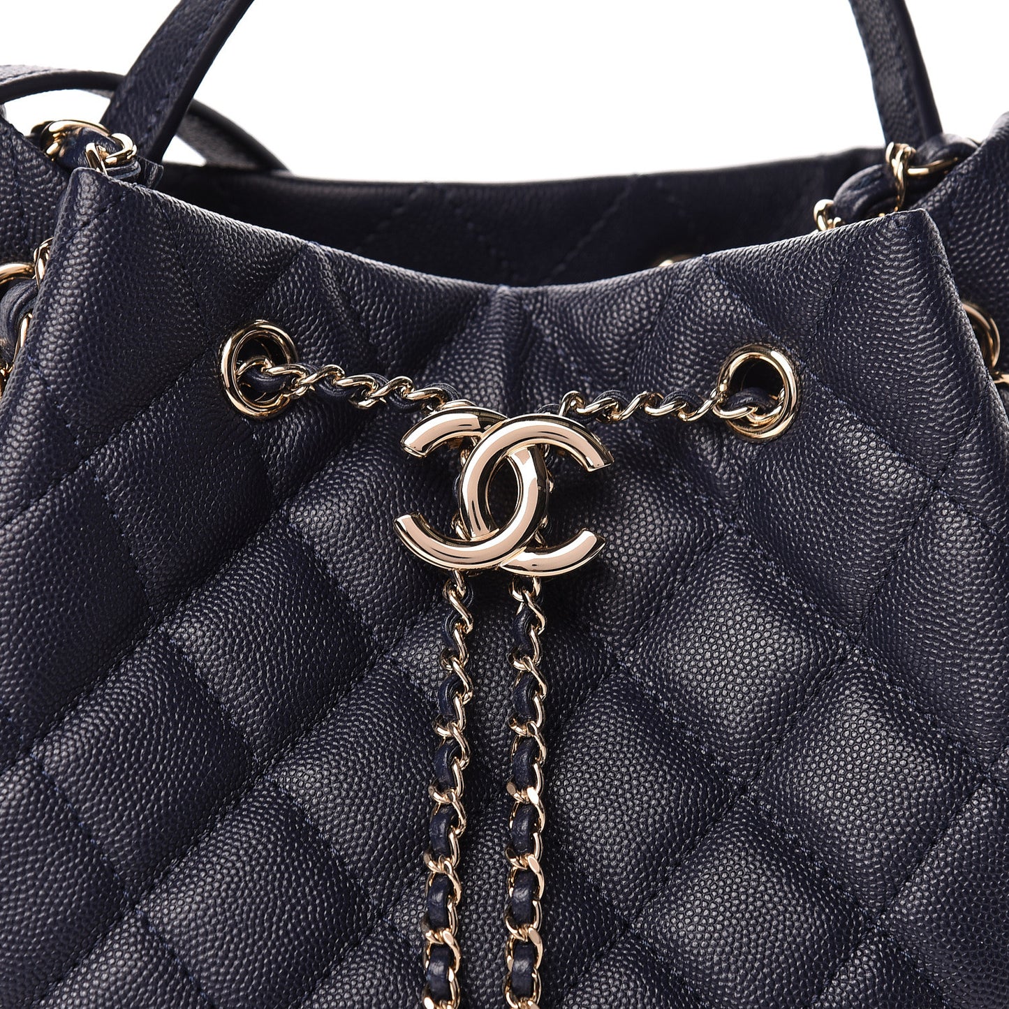 Caviar Quilted Rolled Up Bucket Drawstring Bag Navy