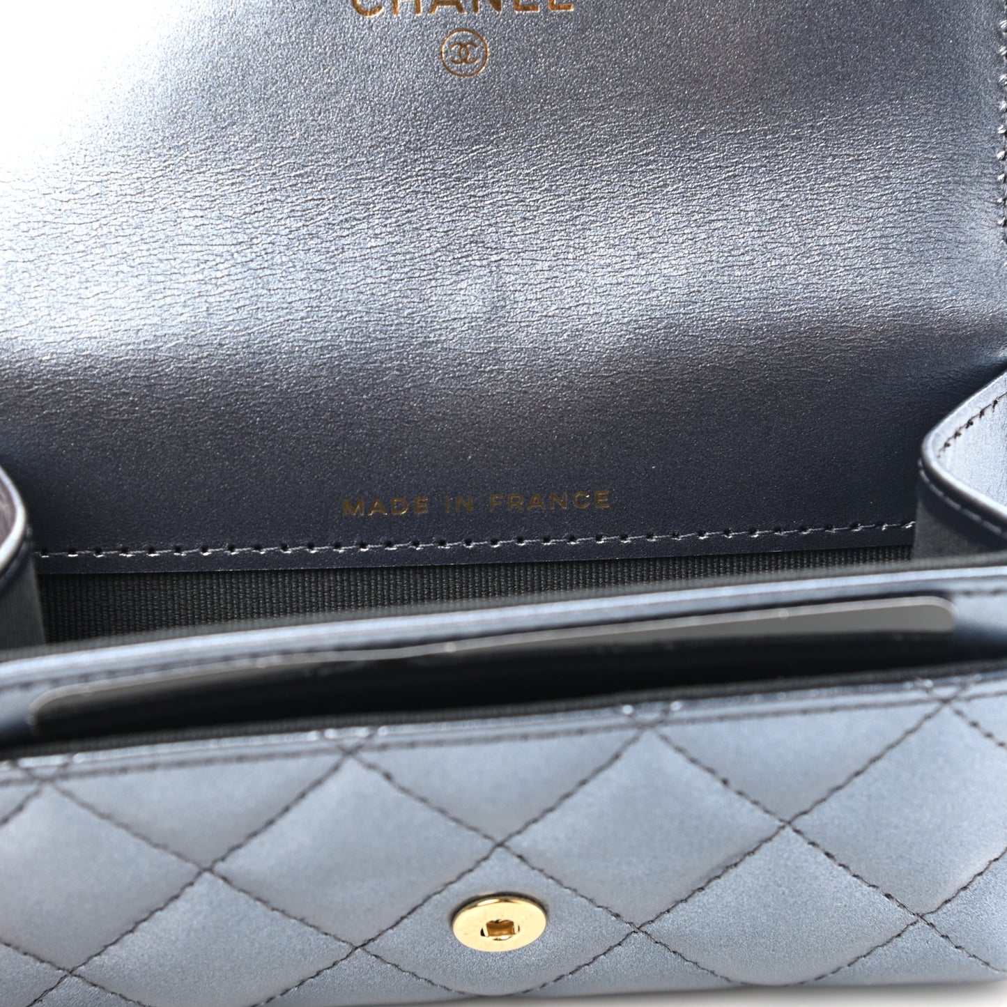 Metallic Lambskin Quilted Flap Card Holder Blue