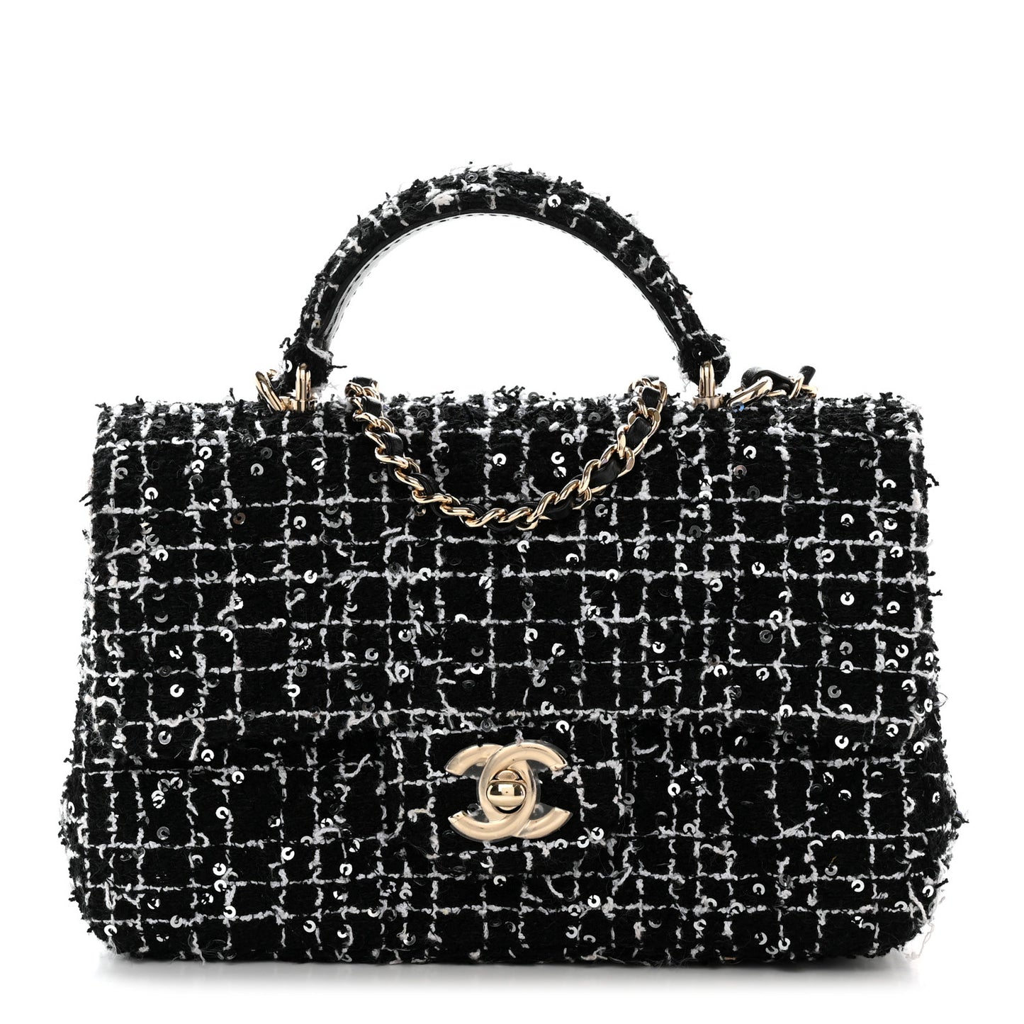 Tweed Quilted Mini Top Handle Rectangular Flap Black White