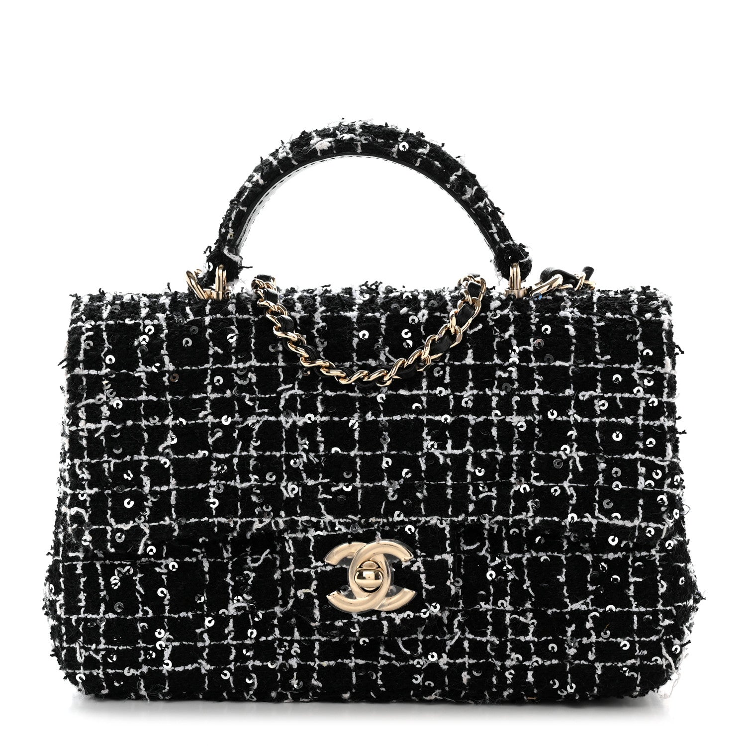Chanel Tweed Quilted Mini Top Handle Rectangular Flap Black White 1 of 12