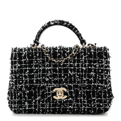 Chanel Tweed Quilted Mini Top Handle Rectangular Flap Black White 1 of 12