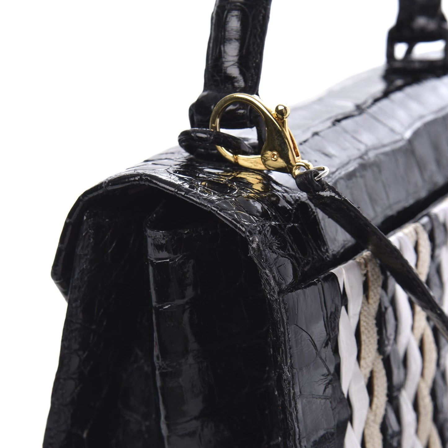 Crocodile Linen Medium Lily Top Handle Bag Black
