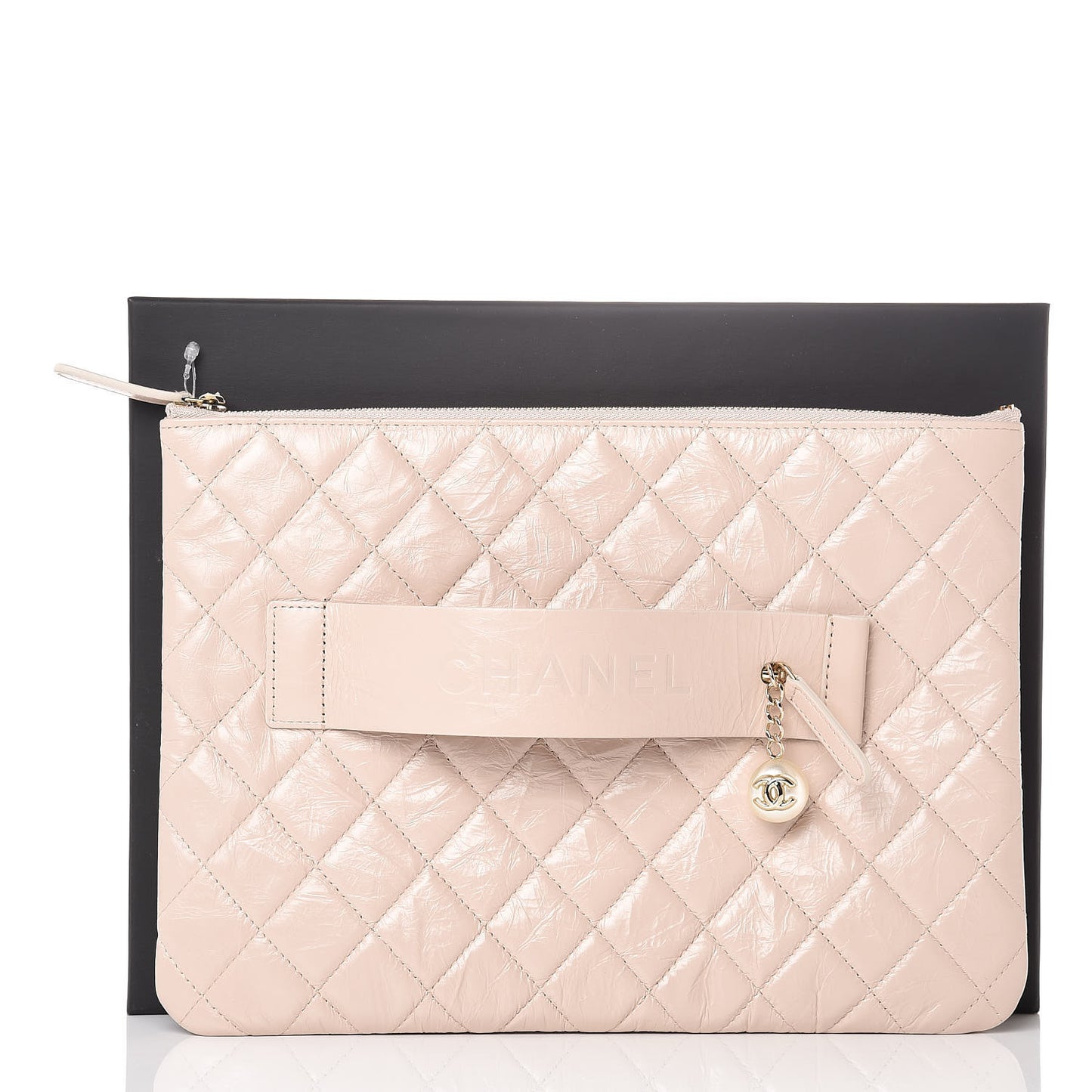 Shiny Crumpled Calfskin Medium Night by the C Pouch Clutch Light Beige
