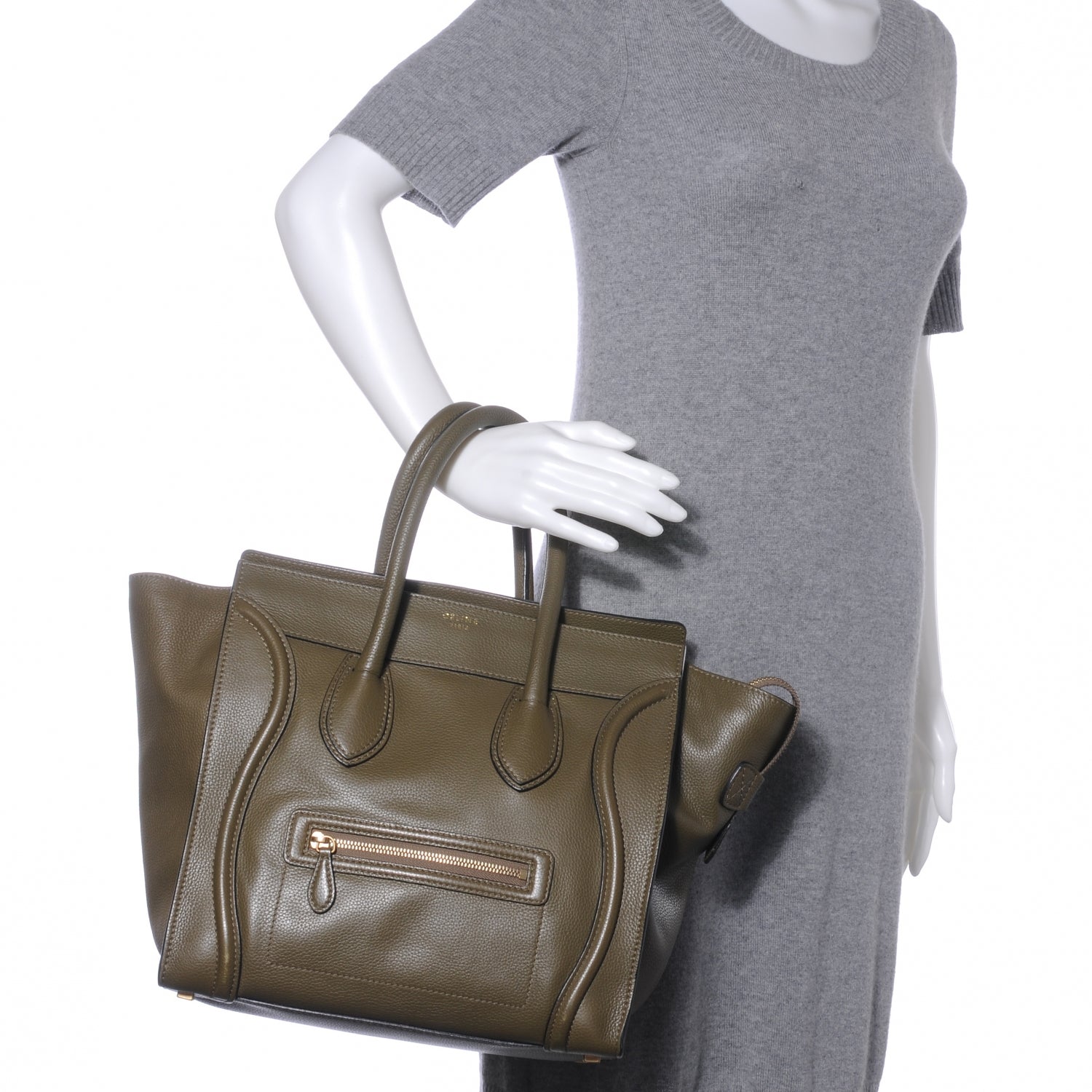 Celine Drummed Calfskin Mini Luggage Olive Green 2 of 9