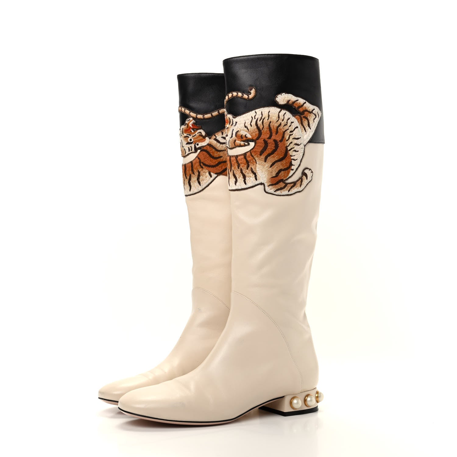 Gucci Nappa Pearl Tiger Embroidered Knee High Boots 37 Mystic White Black 3 of 10