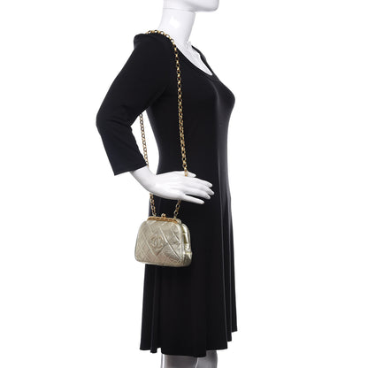 Chanel Metallic Lambskin Quilted CC Kiss Lock Evening Clutch Gold 2 of 12