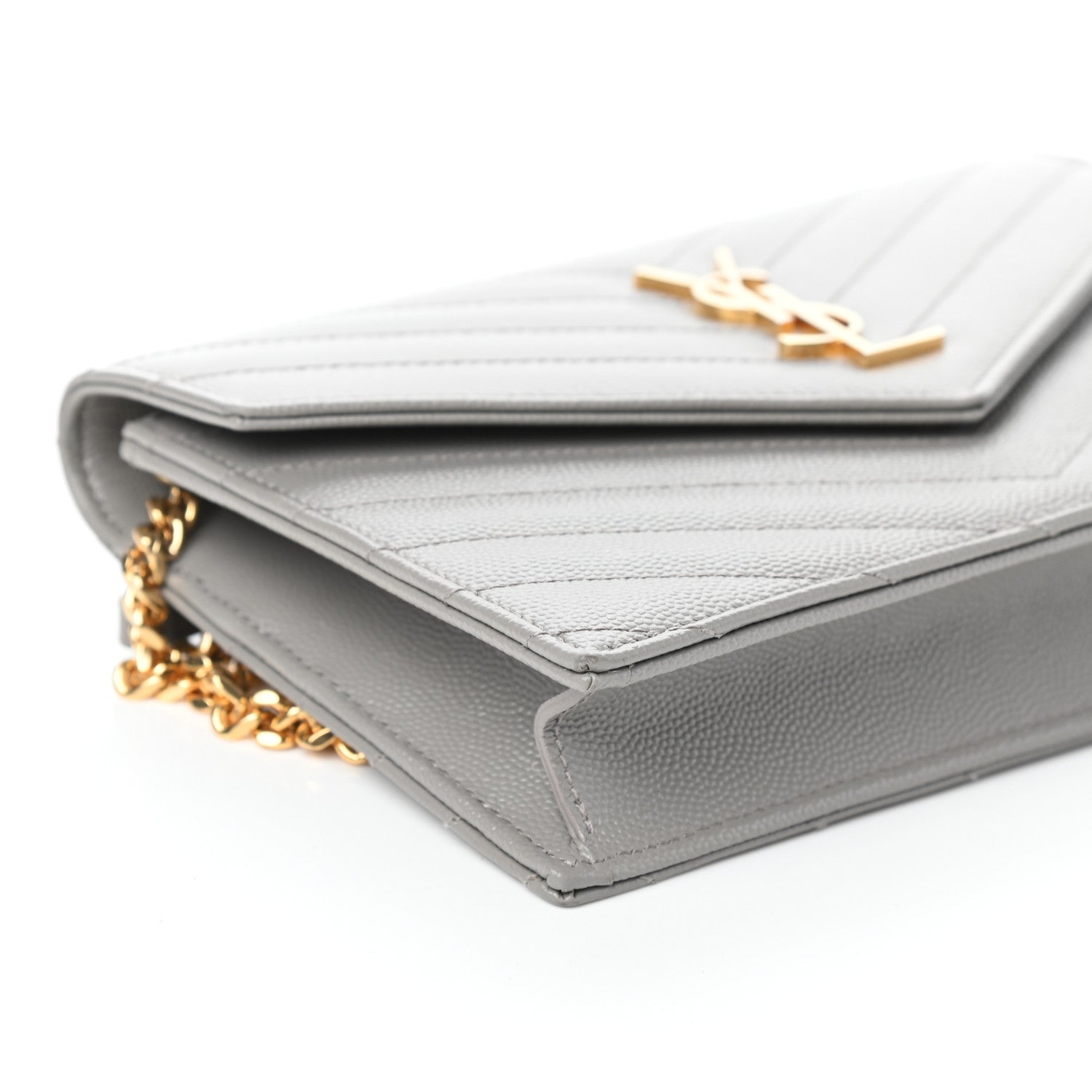 Saint Laurent Grain De Poudre Matelasse Chevron Monogram Envelope Chain Wallet Oyster Grey 7 of 8