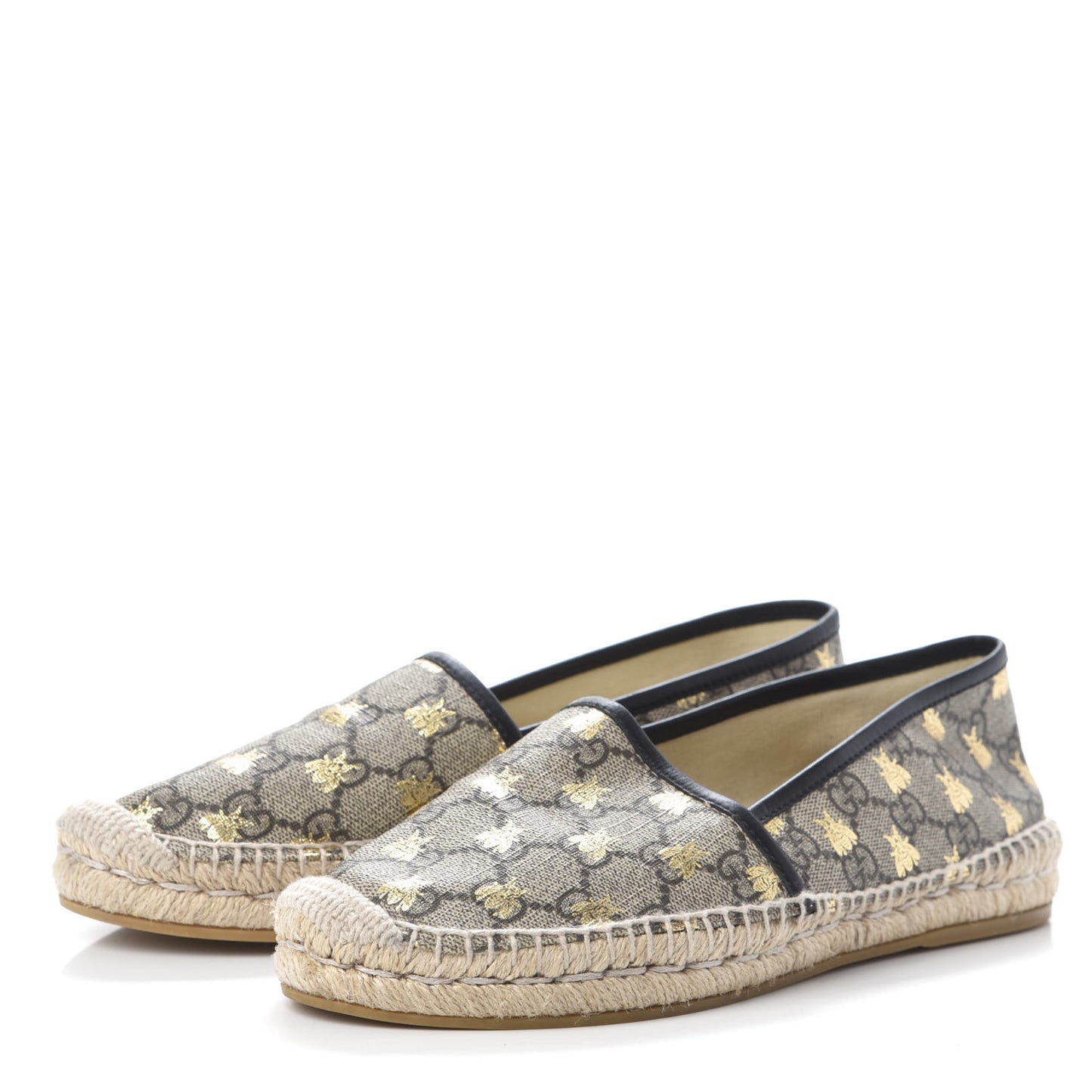 GG Supreme Monogram Bees Espadrille Flats 38.5 Beige Ebony Oro Black