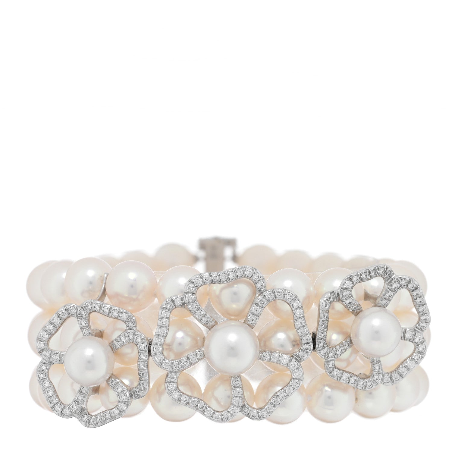 Mikimoto 18K White Gold Diamond Akoya Pearl Flower 3 Strand Bracelet 1 of 3