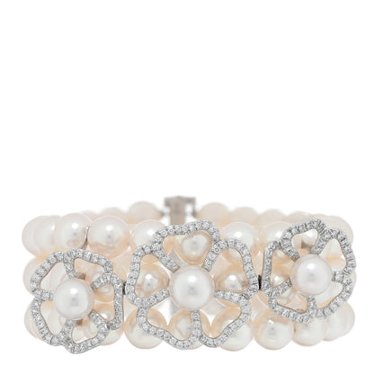 Mikimoto 18K White Gold Diamond Akoya Pearl Flower 3 Strand Bracelet 1 of 3