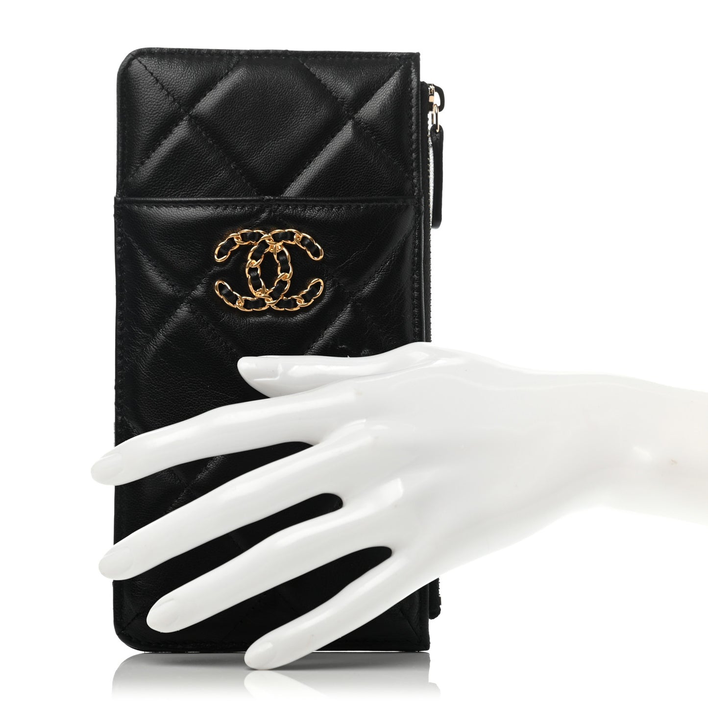 Shiny Goatskin Quilted Chanel 19 Phone and Card Holder Black
