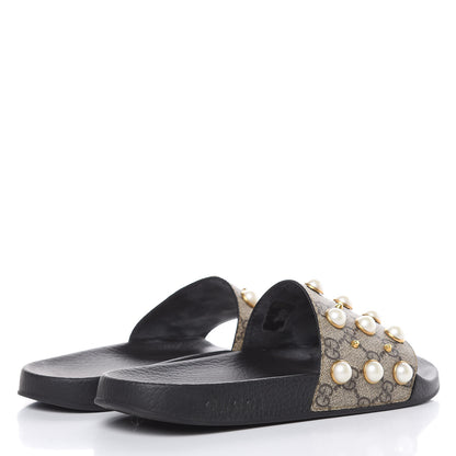 Gucci GG Supreme Monogram Pearls Womens Slide Sandals 40 Beige 4 of 8