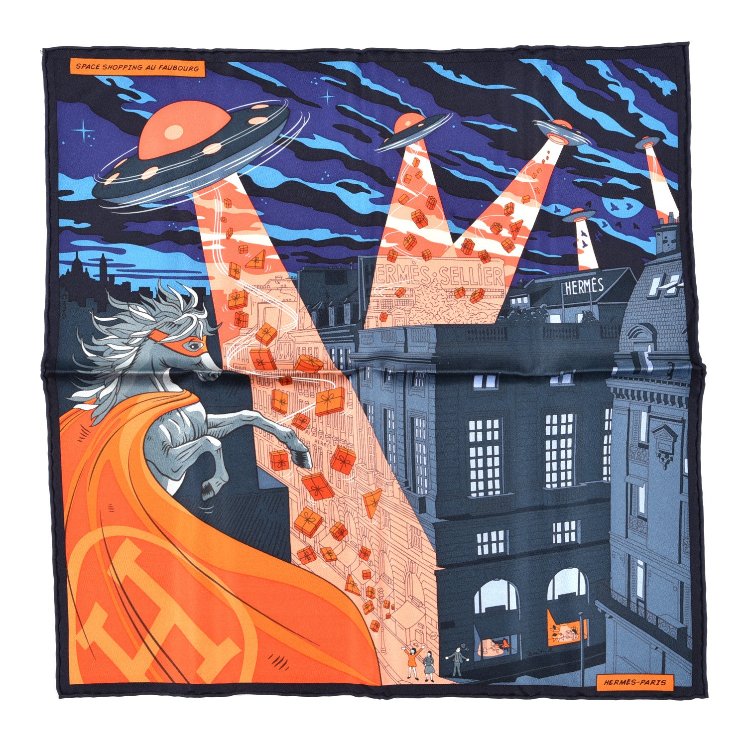 Hermes Silk Space Shopping Au Faubourg Pocket Square Marine Orange Violet 1 of 5