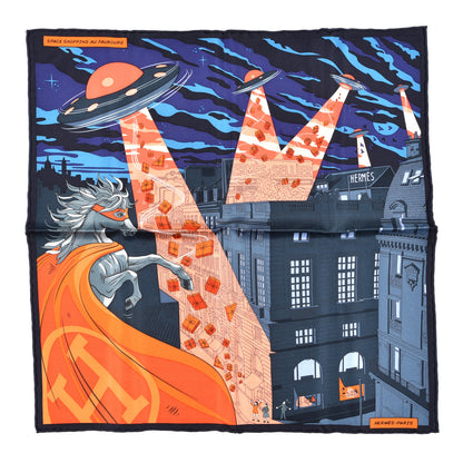 Hermes Silk Space Shopping Au Faubourg Pocket Square Marine Orange Violet 1 of 5