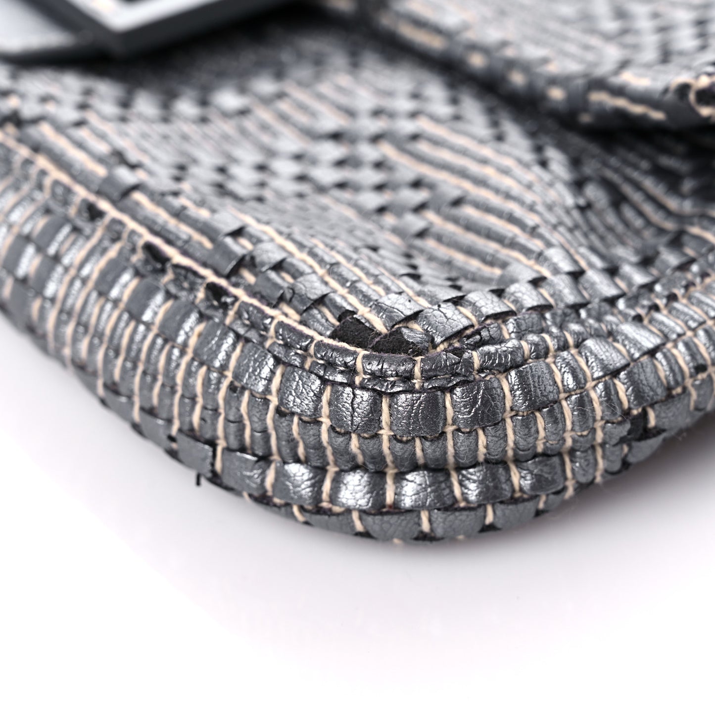 Metallic Lambskin Woven Baguette Grey