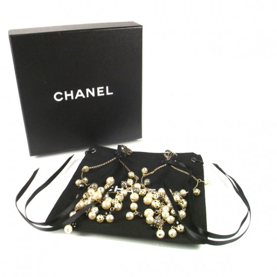 Chanel CC Pearl Hoop Ribbon Earrings Black White 2 of 5