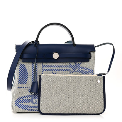 Hermes Vache Hunter Toile H Brides de Gala Herbag Zip Retourne 31 PM Bleu De France Ecru Black 2 of 12