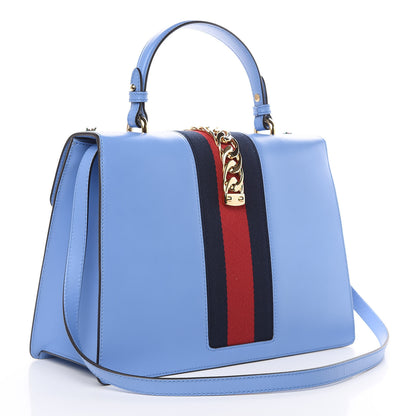 Gucci Calfskin Embroidered Medium Sylvie Top Handle Bag Clear Sky Blue 3 of 9