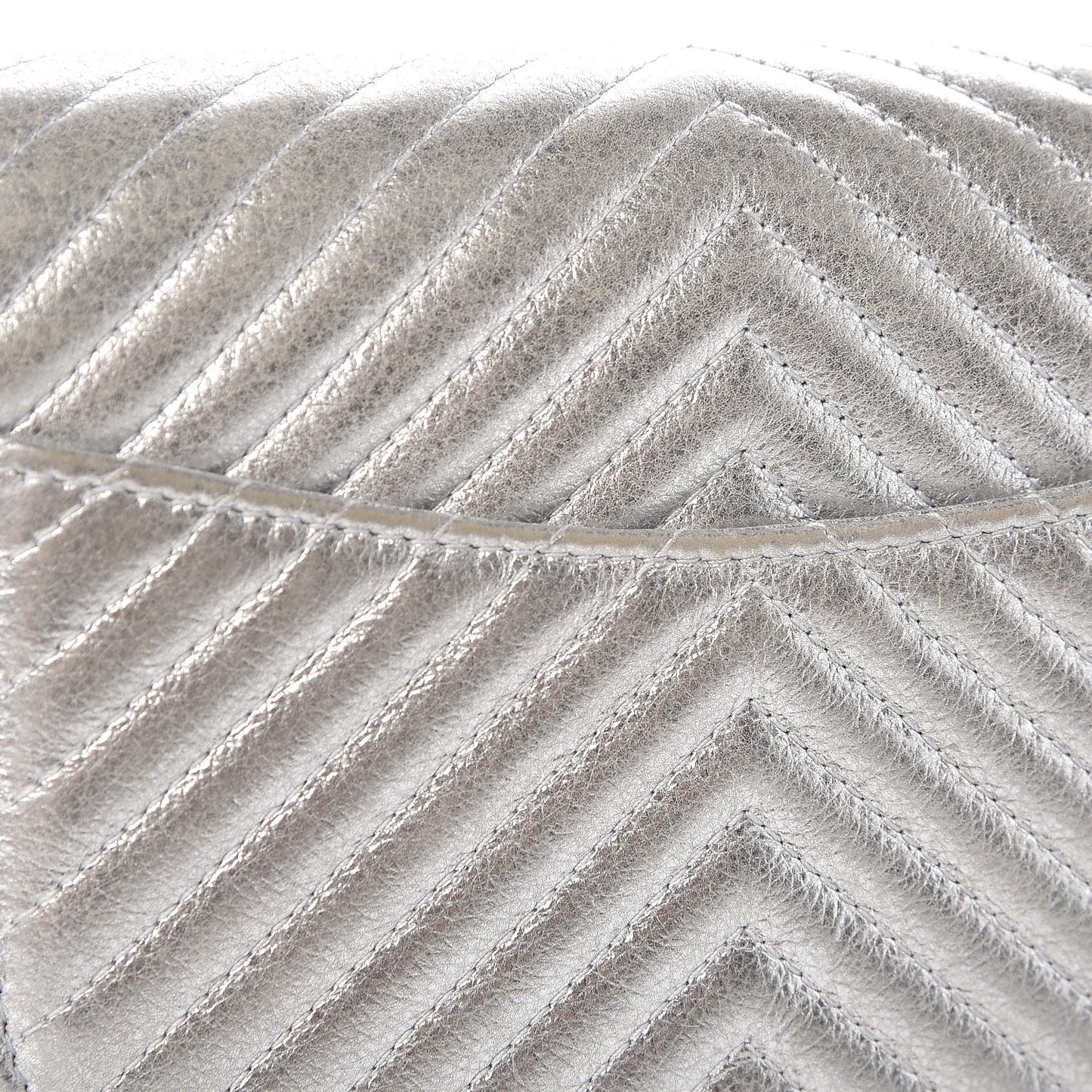 Metallic Lambskin Chevron Wallet On Chain WOC Silver